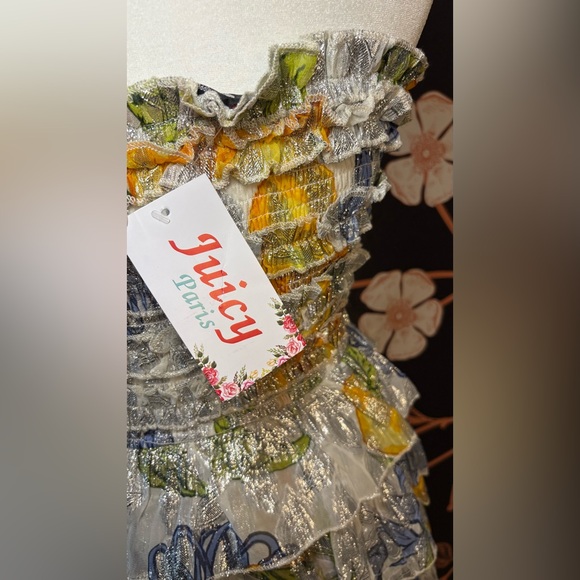 Metallic Strapless Ruffled Floral & Lemon Print Mini Dress - Picture 6 of 6